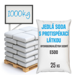Jedlá soda s protispékací látkou, E500 (ii) 1000 kg - Jedlá soda E500 (ii) s protispékací látkou 25 kg - jinými slovy hydrogenuhličitan sodný (soda bicarbona) je pomocná látka přidávána do potravin označená symbolem [E500 (ii)]. Vyskytuje se ve formě bílého krystalického prášku. Používá se v mnoha odvětvích potravinářského průmyslu, léčitelství a jako ekologický čisticí prostředek v domácnostech (je součástí prášku na pečení a tablet používaných v léčbě překyselení žaludku). Používá se také v pěnových hasicích přístrojích (jako pěnicí složka).

Hydrogenuhličitan sodný dostupný v balení:

    25 kg pytel
    300 kg polopaleta
    1 000 kg paleta

Protispékavá látka může po rozmíchání ve vodě tvořit vločky. Tato jedlá soda je vhodnější pro suché použití. 
